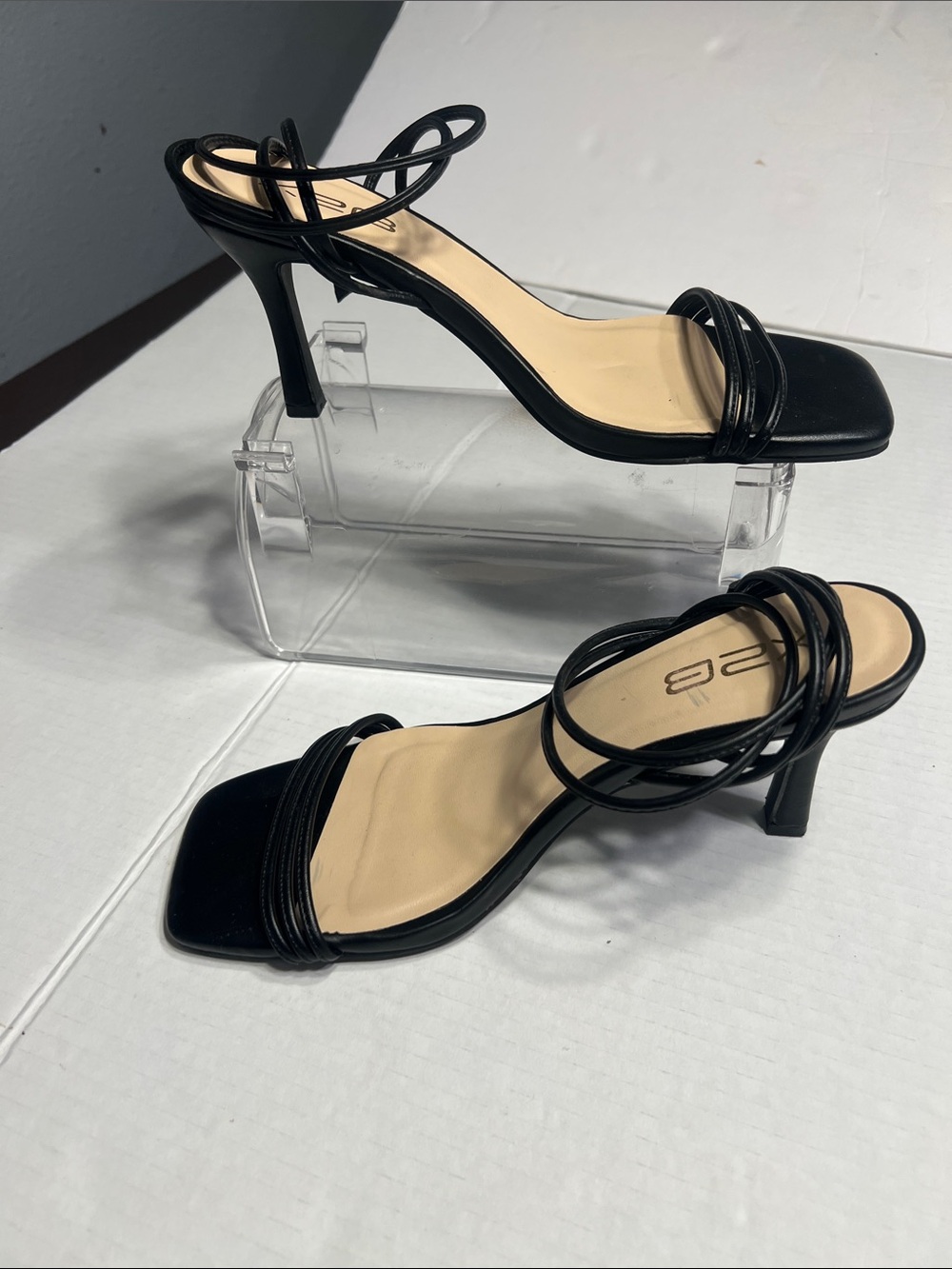 Minimalist Black Strappy Square-Toe Heels with Ankle Wrap